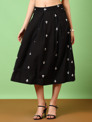V-MART Printed Women A-line Black Skirt
