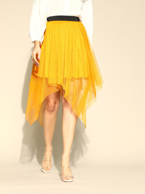 U&F Solid Women Flared Yellow Skirt