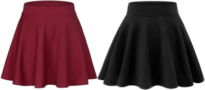 LUTERASTYLE Solid Women Flared Black, Maroon Skirt