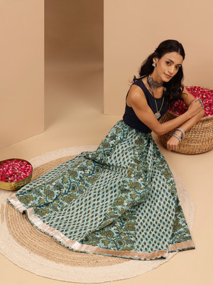 Janasya Floral Print Women Flared Blue Skirt