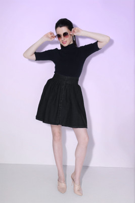 CEFALU Solid Women Pleated Black Skirt