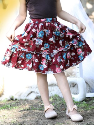 CUTIEKINS Floral Print Girls Flared Maroon Skirt