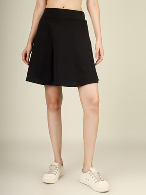 Yunic29 Solid Women Flared Black Skirt