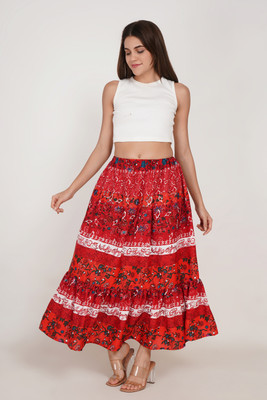 Sabhyanari Floral Print Women Flared Red Skirt