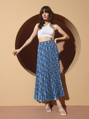 OTABU Printed Women Pleated Blue, White Skirt