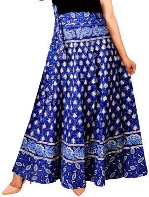 Rangun Printed Women Wrap Around Blue Skirt