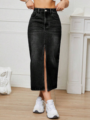 Herway Solid Women Regular Black Skirt