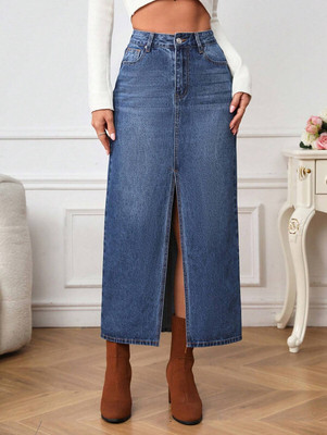 Herway Solid Women Regular Blue Skirt