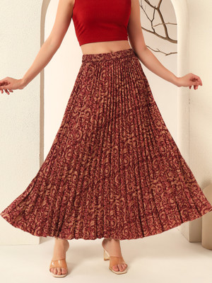 LookShine Printed Women Pleated Maroon, Beige Skirt
