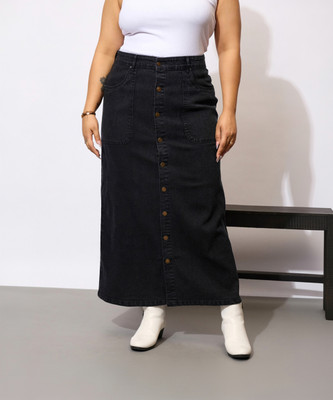 SASSAFRAS Curve Solid Women A-line Black Skirt