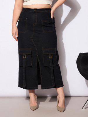 SASSAFRAS Curve Solid Women Regular Black Skirt