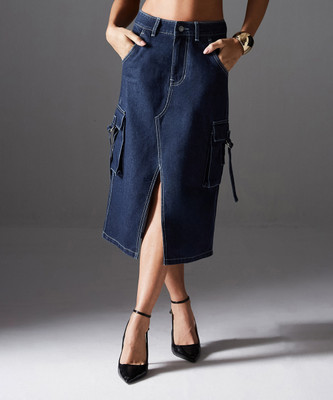 Miss Chase Solid Women Regular Blue Skirt