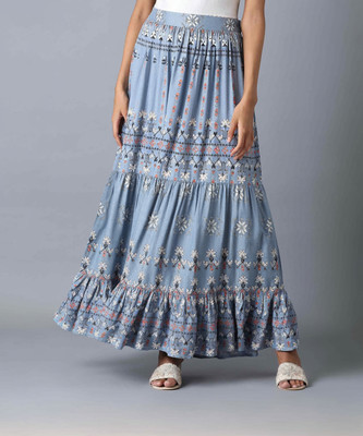 W Geometric Print Women Flared Light Blue Skirt