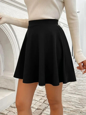 Woo THiNG Solid Women Flared Black Skirt