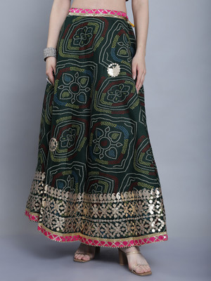 JABAMA Embroidered Women Flared Green Skirt