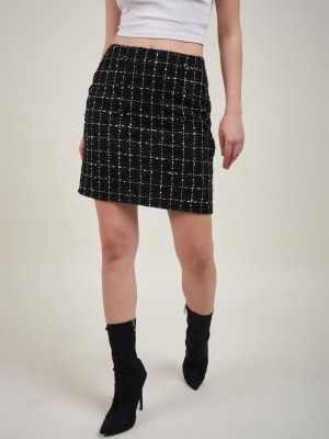 KASSUALLY Printed Women A-line Black Skirt