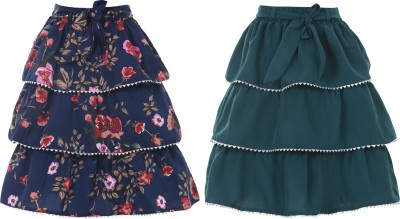 Hunoor Floral Print, Printed Girls Pleated Dark Blue, Green Skirt