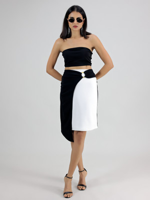 SWISHIN Solid Women Straight Black, White Skirt