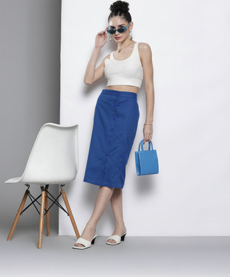 SASSAFRAS Solid Women Pencil Blue Skirt