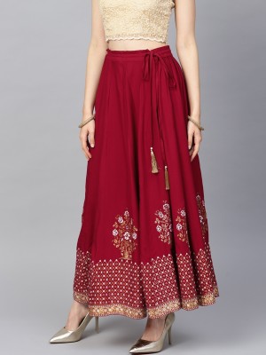 FABRR Printed Women Flared Maroon Skirt