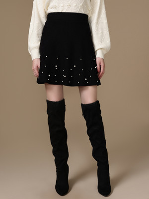 KAZO Self Design Women Flared Black Skirt