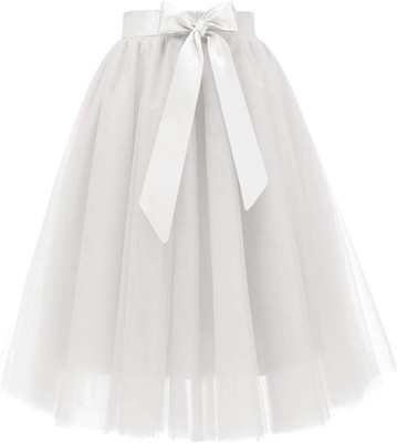 R Cube Solid Girls A-line White Skirt
