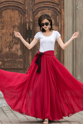 Freydis Solid, Printed, Dyed Women Flared Red, Black Skirt