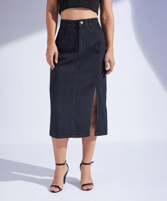 Miss Chase Solid Women Straight Black Skirt