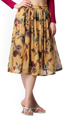 Moda Rapido Floral Print Women Flared Yellow Skirt