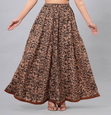 Clothy N Wave Printed Women Flared Brown Skirt