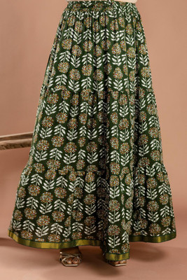 HIMCARE Floral Print Women Flared Dark Green Skirt