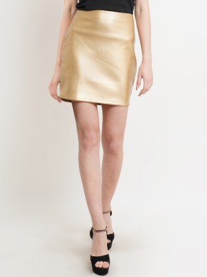 9 impression Solid Women Pencil Gold Skirt