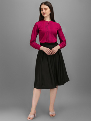 Kinjo Solid Women Pleated Pink Skirt