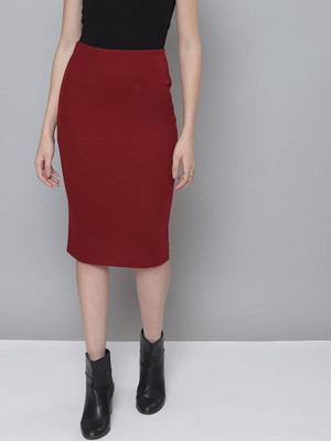 Woo THiNG Solid Women Pencil Maroon Skirt