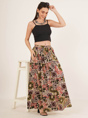 Brownverse Printed Women Pleated Beige Skirt