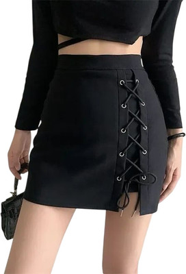mystify Solid Women Straight Black Skirt