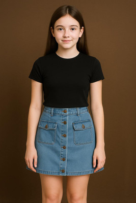 Eliq Solid Girls Straight Blue Skirt