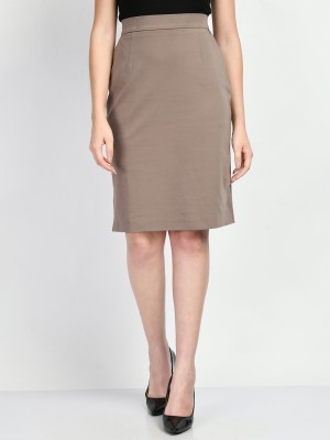 Exude Solid Women Pencil Beige Skirt