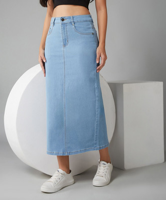 DOLCE CRUDO Solid Women Flared Light Blue Skirt