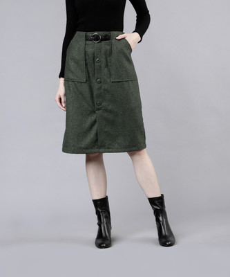 Tokyo Talkies Solid Women Flared Dark Green Skirt