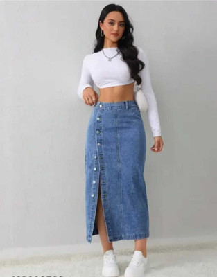 langry Solid Women Pencil Blue Skirt