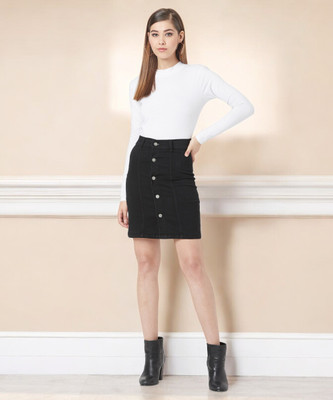 Miss Chase Solid Women Regular Black Skirt