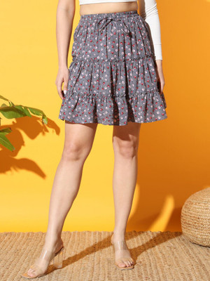 Moda Rapido Printed Women Flared Grey Skirt