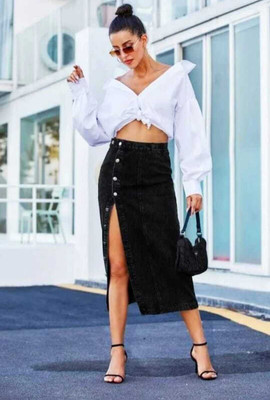 VESTISIN Solid Women Pencil Black Skirt
