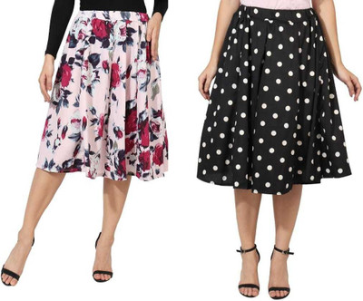Manat Diva Polka Print, Floral Print Women Flared Multicolor Skirt