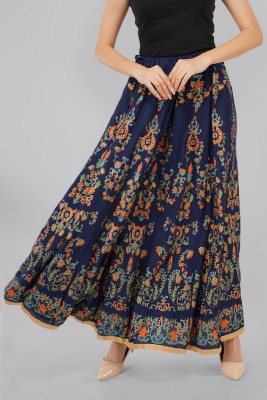 Niddleman Fashion India Printed Women Flared Blue Skirt