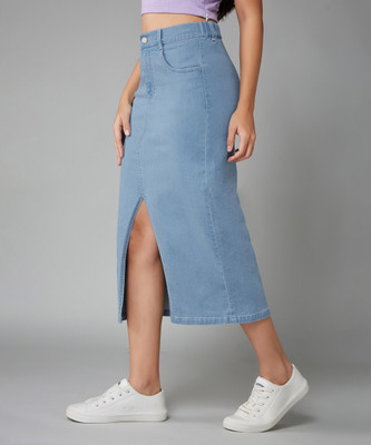 DOLCE CRUDO Solid Women Straight Blue Skirt