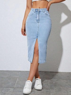 dolsia Solid Women Pencil Light Blue Skirt