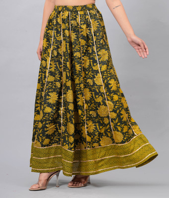 Clothy N Wave Printed Women Flared Green Skirt