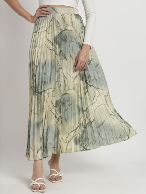 OTABU Printed Women Pleated Dark Green Skirt